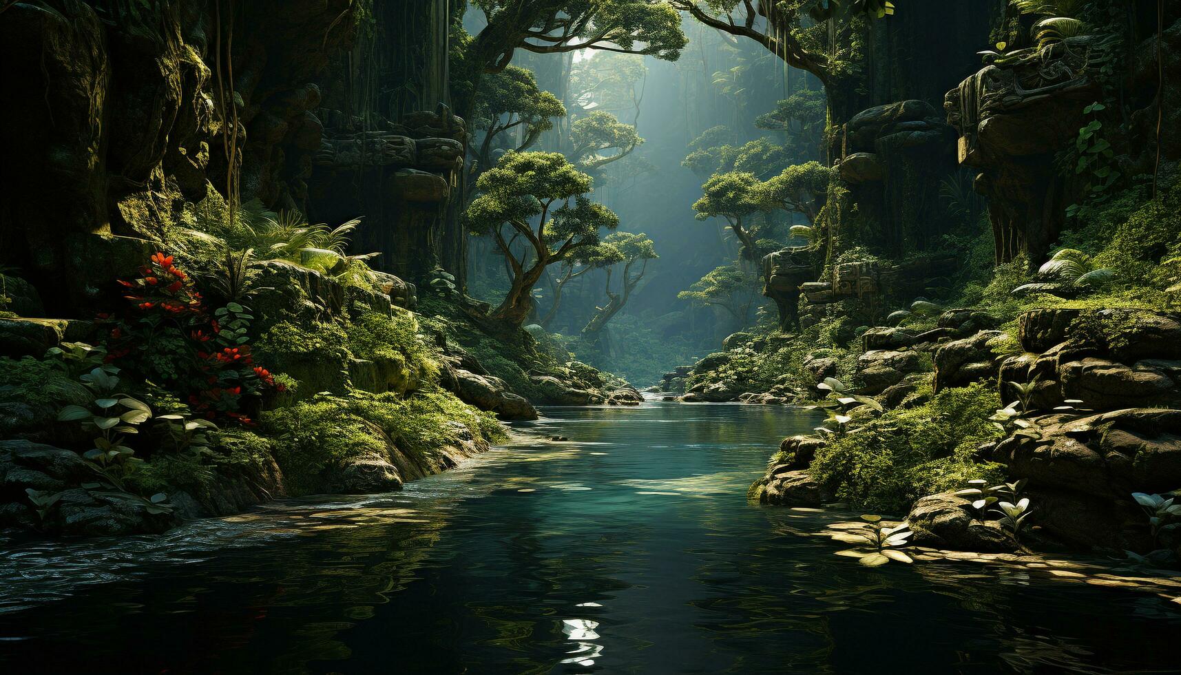 AI generated Nature mystery  a tranquil scene of a deep, dark forest generated by AI photo
