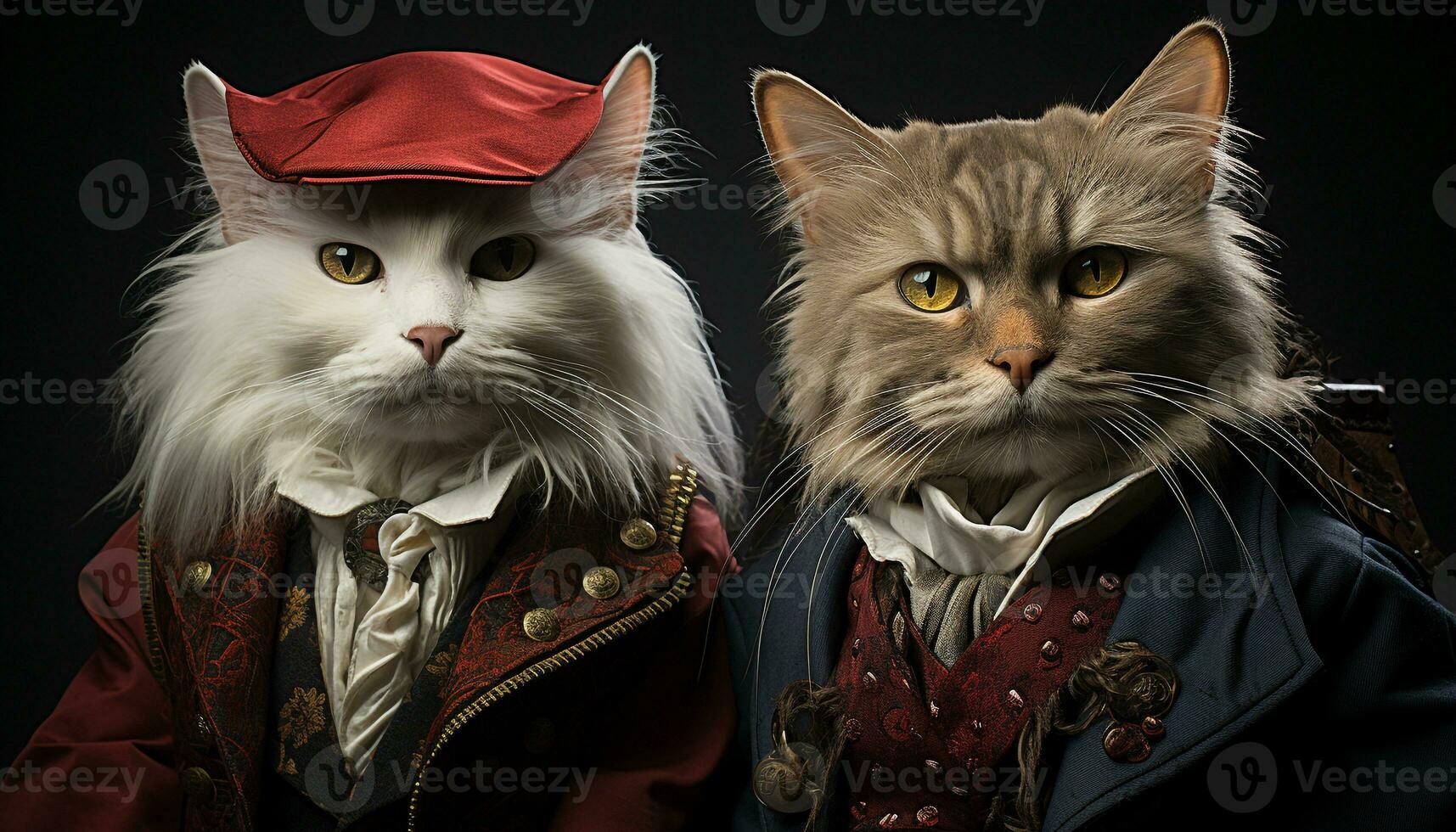 AI generated Cute pets, domestic cat and dog, staring, celebrating Halloween together generated by AI photo