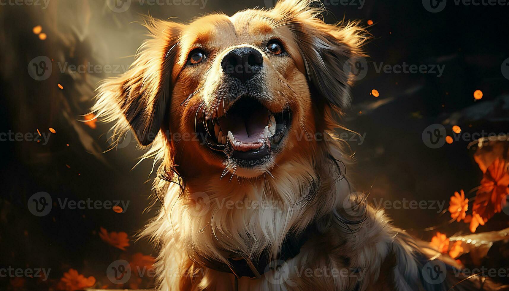 AI generated A cute puppy sitting in the autumn forest, looking cheerful generated by AI photo