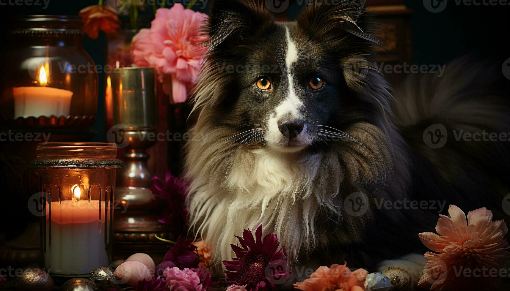 AI generated Cute puppy sitting, looking at camera, surrounded by flowers and candles generated by AI photo