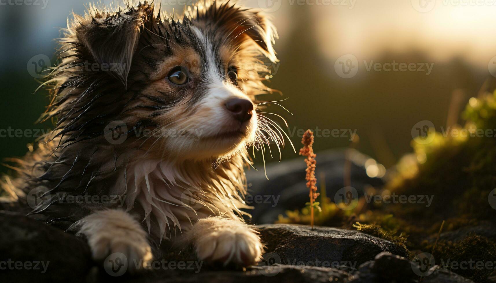 AI generated Cute puppy sitting in grass, looking at camera with alertness generated by AI photo