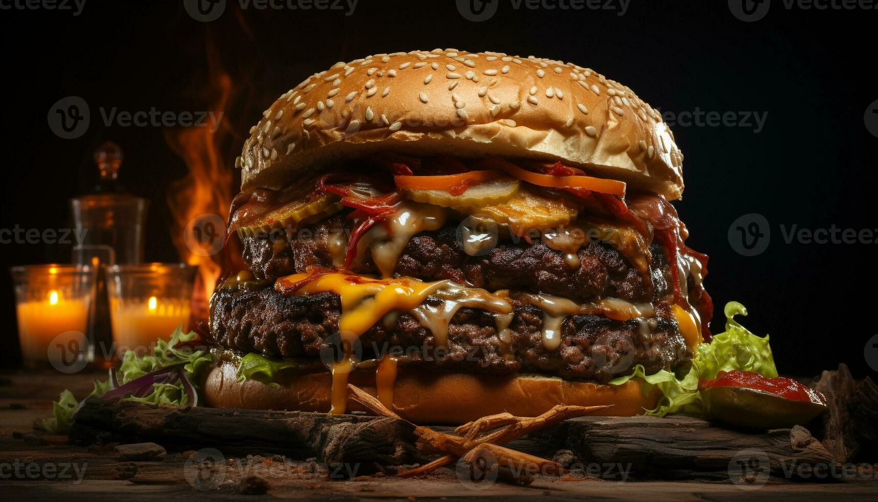 AI generated Grilled gourmet burger on a bun with cheese and tomato generated by AI photo