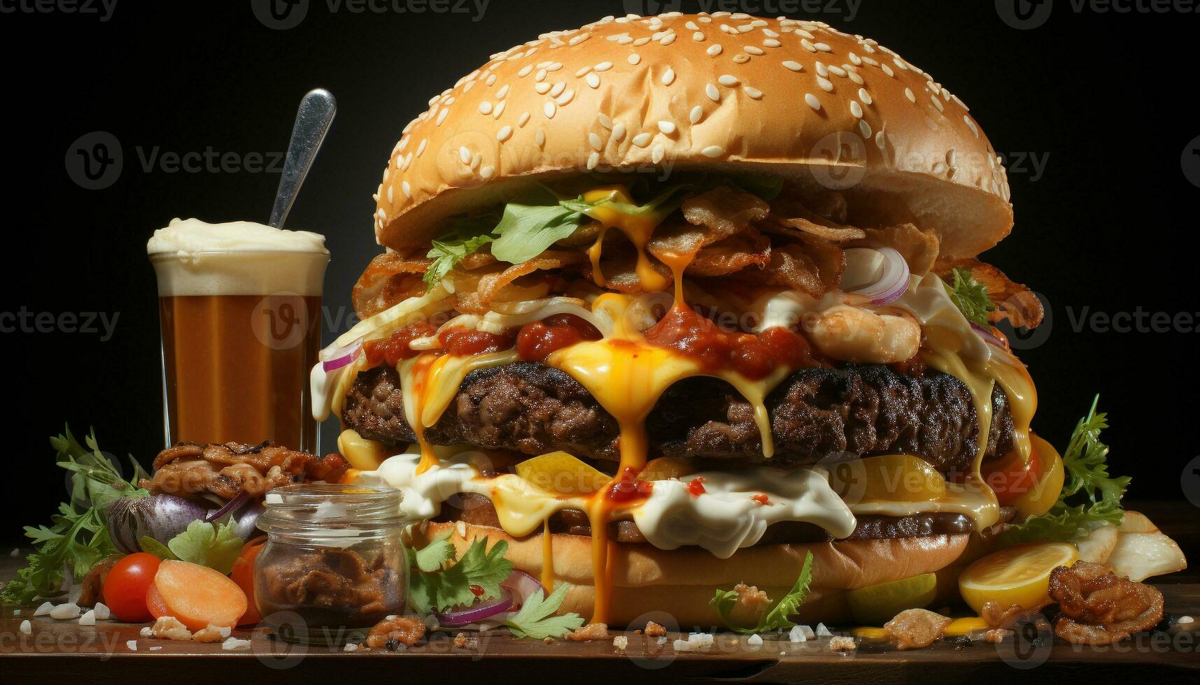 AI generated Grilled cheeseburger with fresh tomato, onion, and French fries generated by AI photo