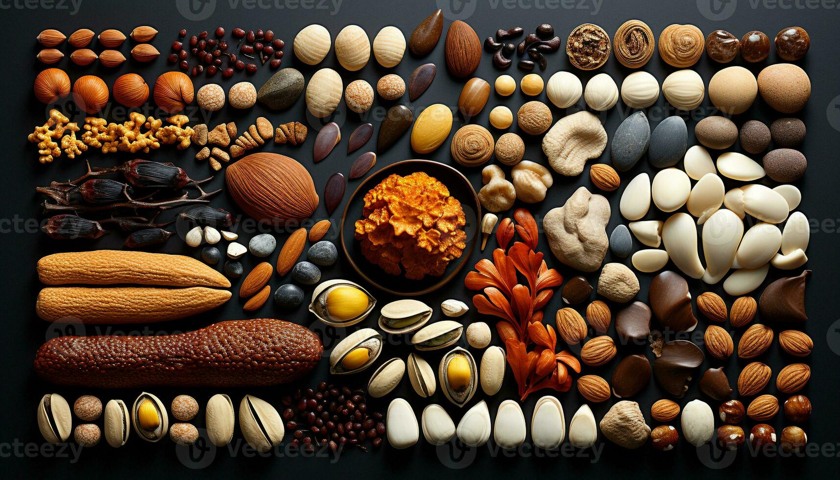 AI generated A large variety of healthy, organic snacks almonds, beans, lentils generated by AI photo