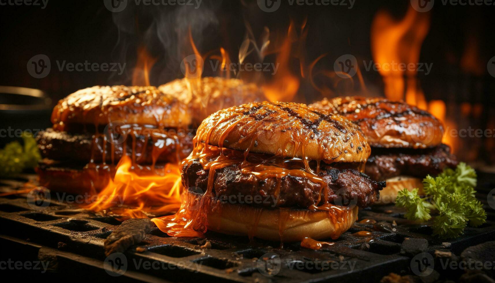 AI generated Grilled beef burger, flame cooked, gourmet, ready to eat, outdoors, rustic generated by AI photo