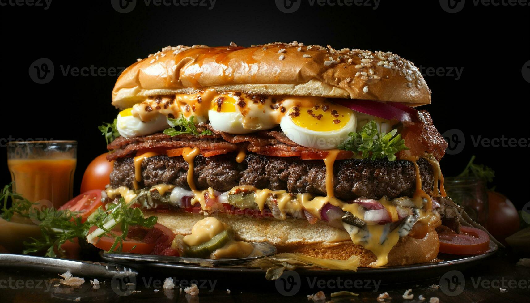 AI generated Grilled beef burger with fresh tomato, onion, and cheese generated by AI photo