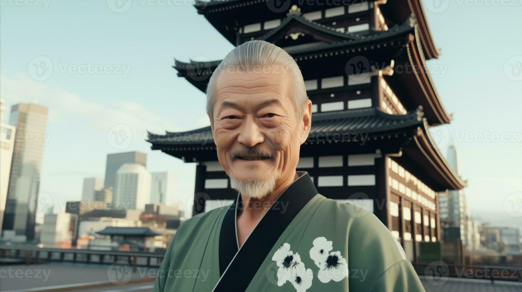 AI generated An elderly man in a traditional kimono poses before a majestic pagoda, showcasing the beauty of Japanese culture. photo