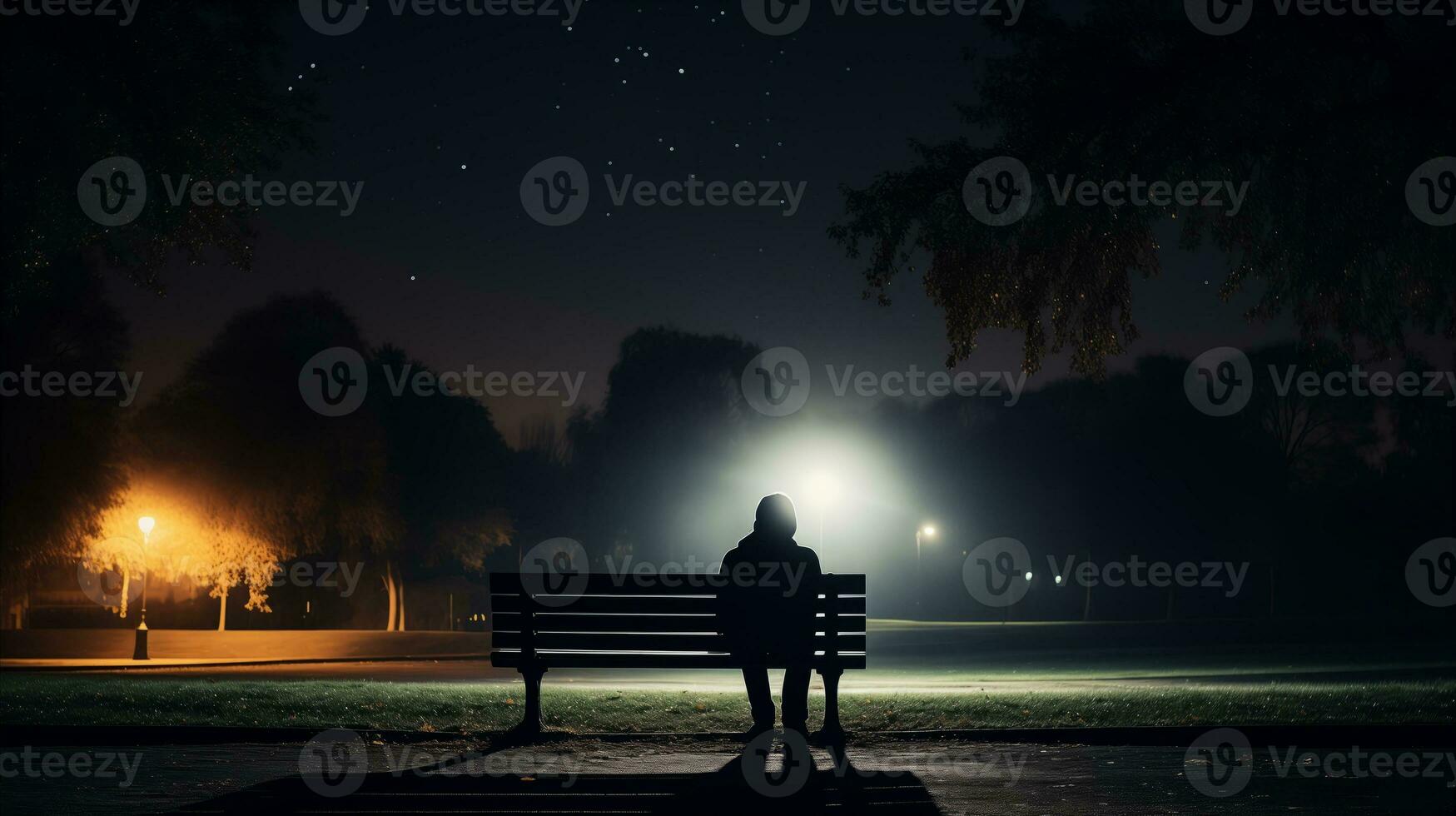 AI generated A person sitting alone on a bench at night, contemplating the darkness. Generative AI photo