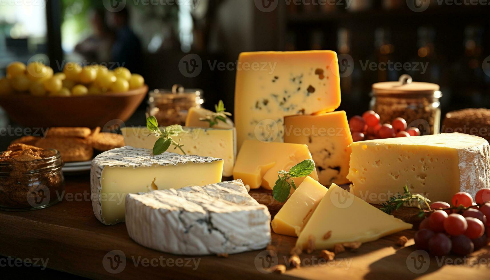 AI generated A rustic table with a variety of gourmet cheeses and fruits generated by AI photo