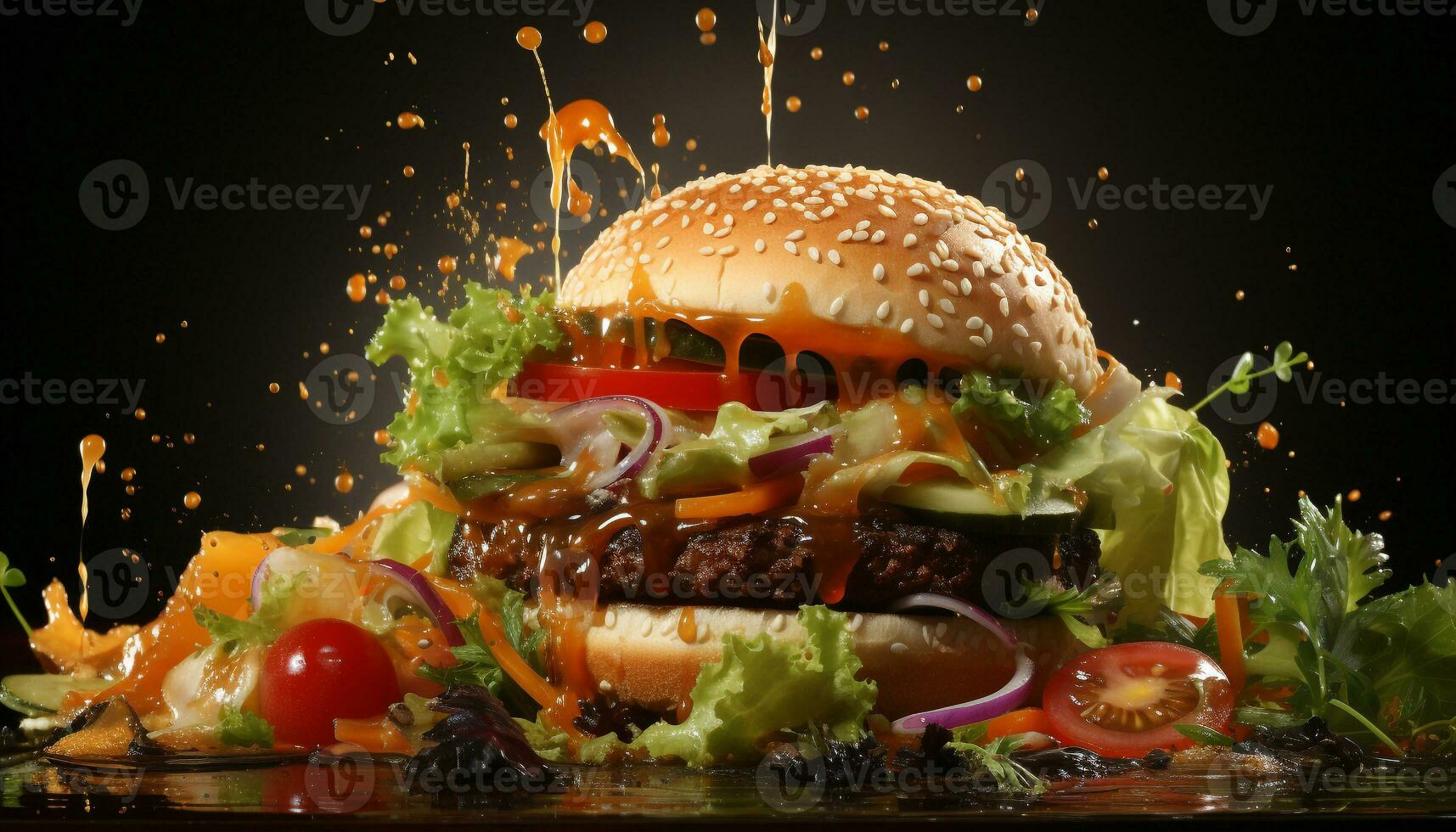 AI generated Grilled gourmet burger with fresh vegetables, cheese, and tomato generated by AI photo