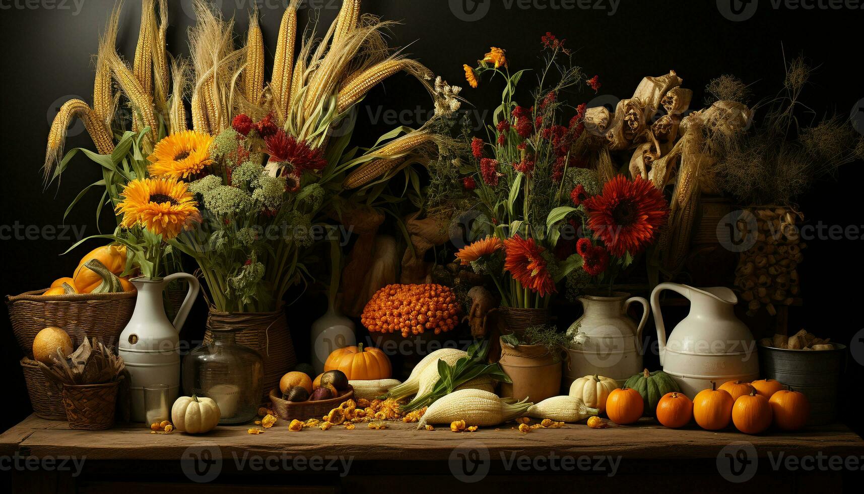 AI generated Autumn still life pumpkin, sunflower, and chrysanthemum decoration generated by AI photo