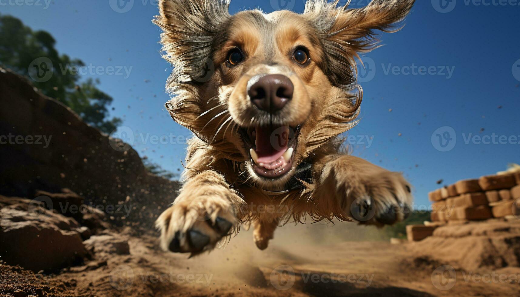 AI generated Cute puppy running, playing, and jumping in the summer sunlight generated by AI photo