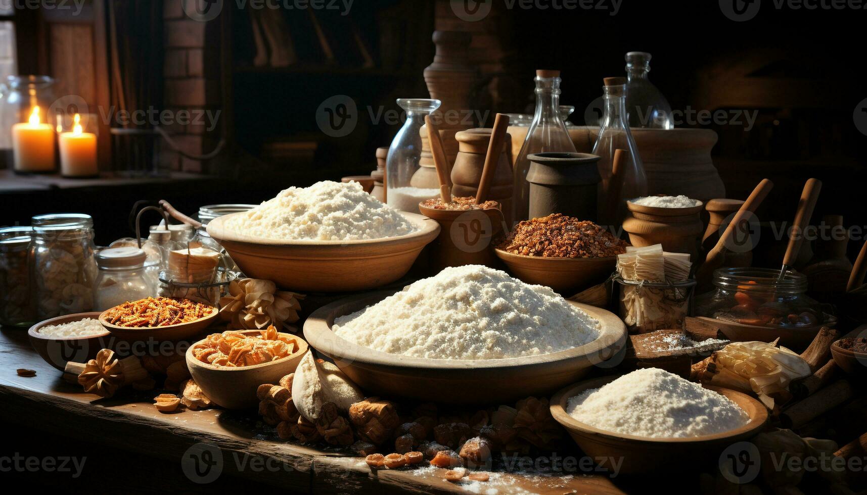 AI generated Fresh homemade bread on rustic wooden table, healthy and organic generated by AI photo