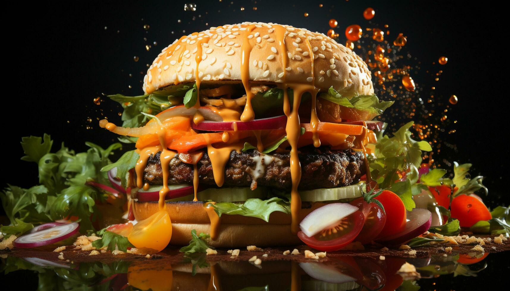 AI generated Grilled meat on bun, fresh veggies, American fast food generated by AI photo