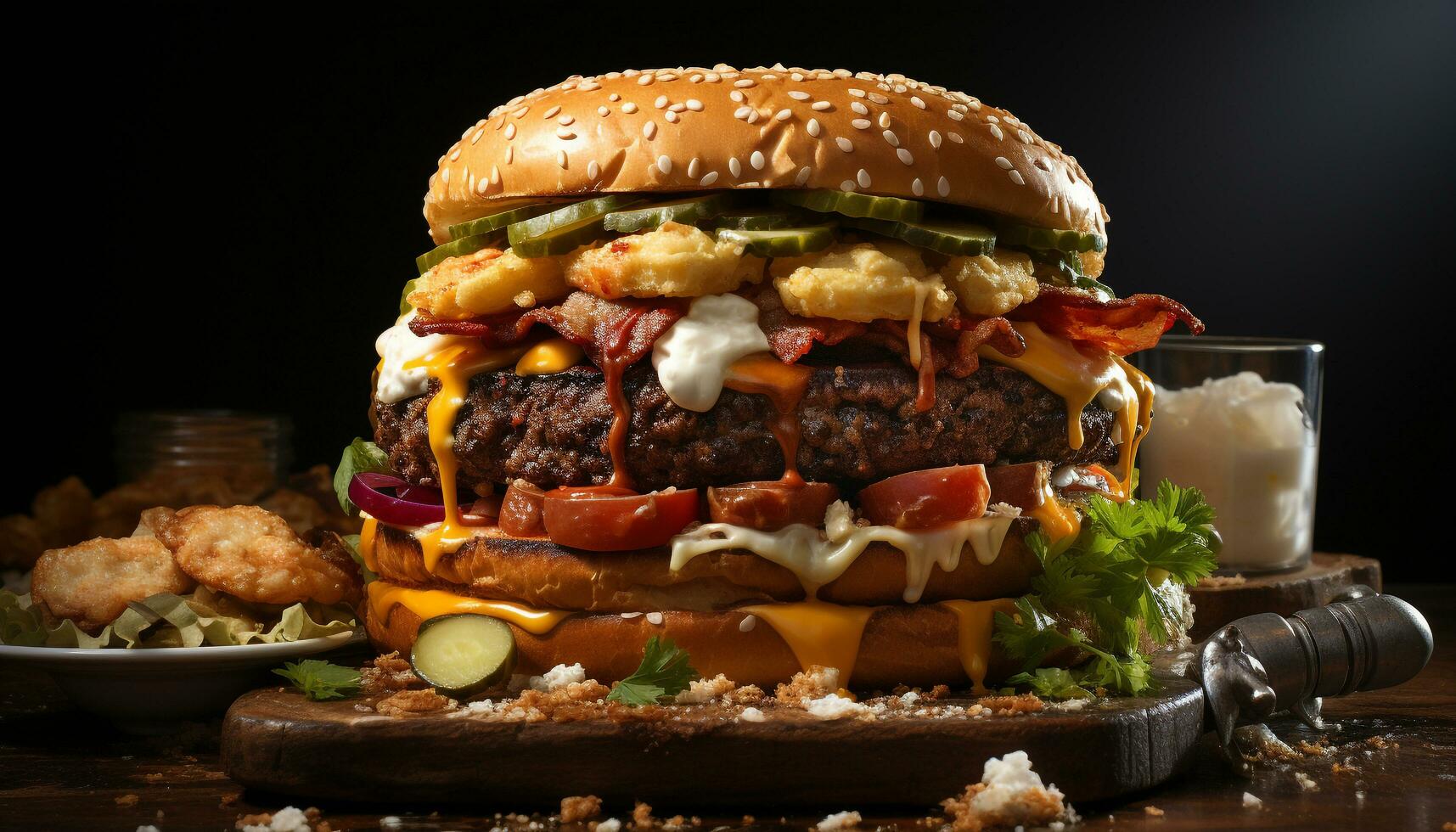 AI generated Grilled gourmet burger with fresh tomato, cheese, and onion generated by AI photo