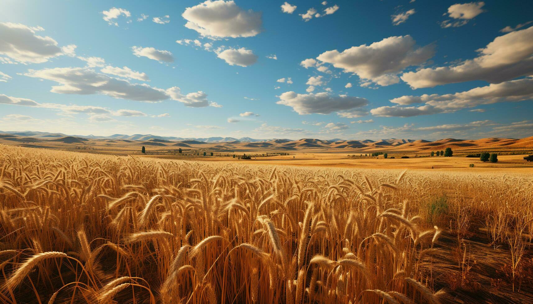 AI generated Vibrant sunset paints golden wheat fields in tranquil rural landscape generated by AI photo