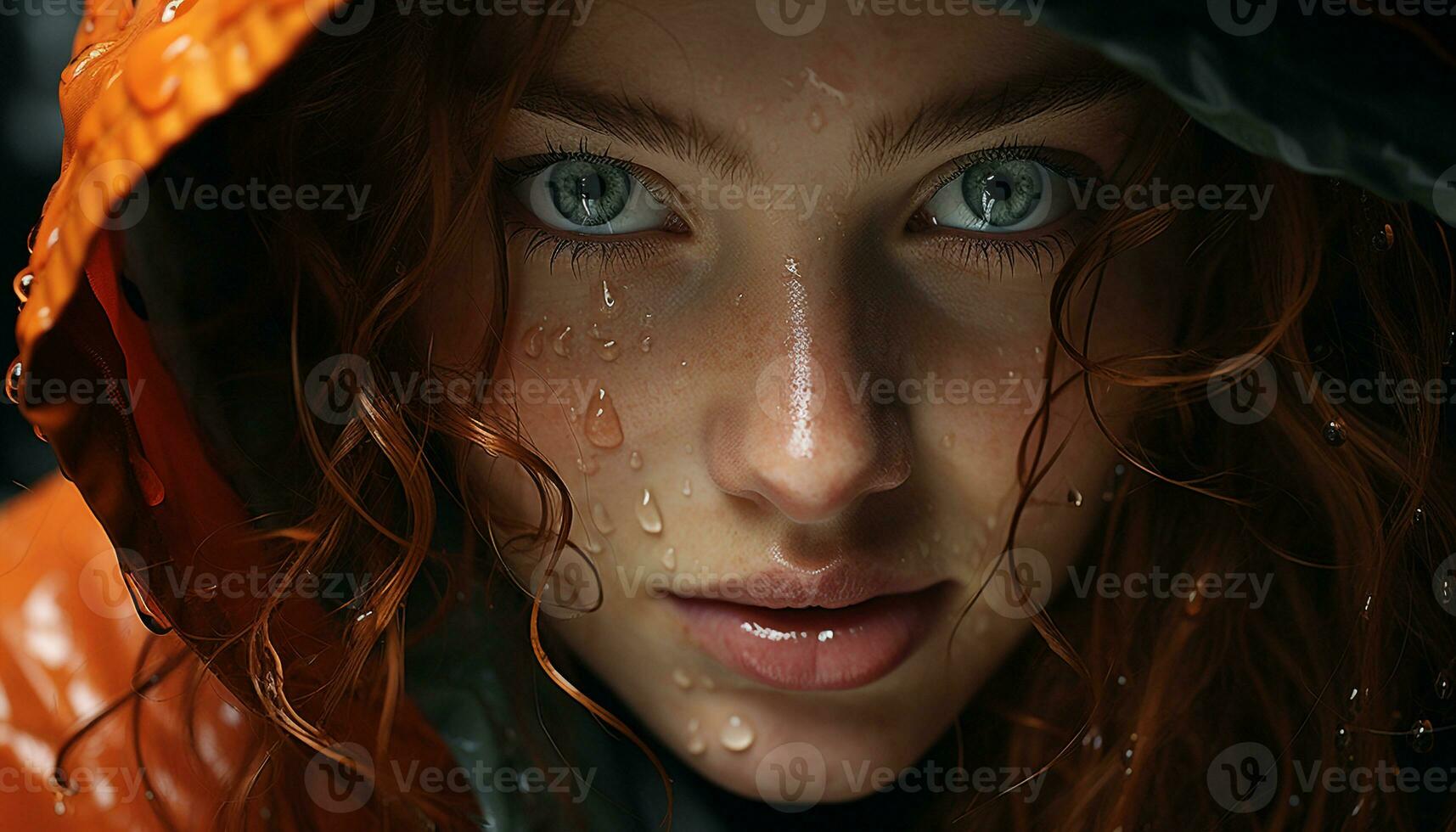 AI generated One young woman, wet from rain, looking at camera generated by AI photo