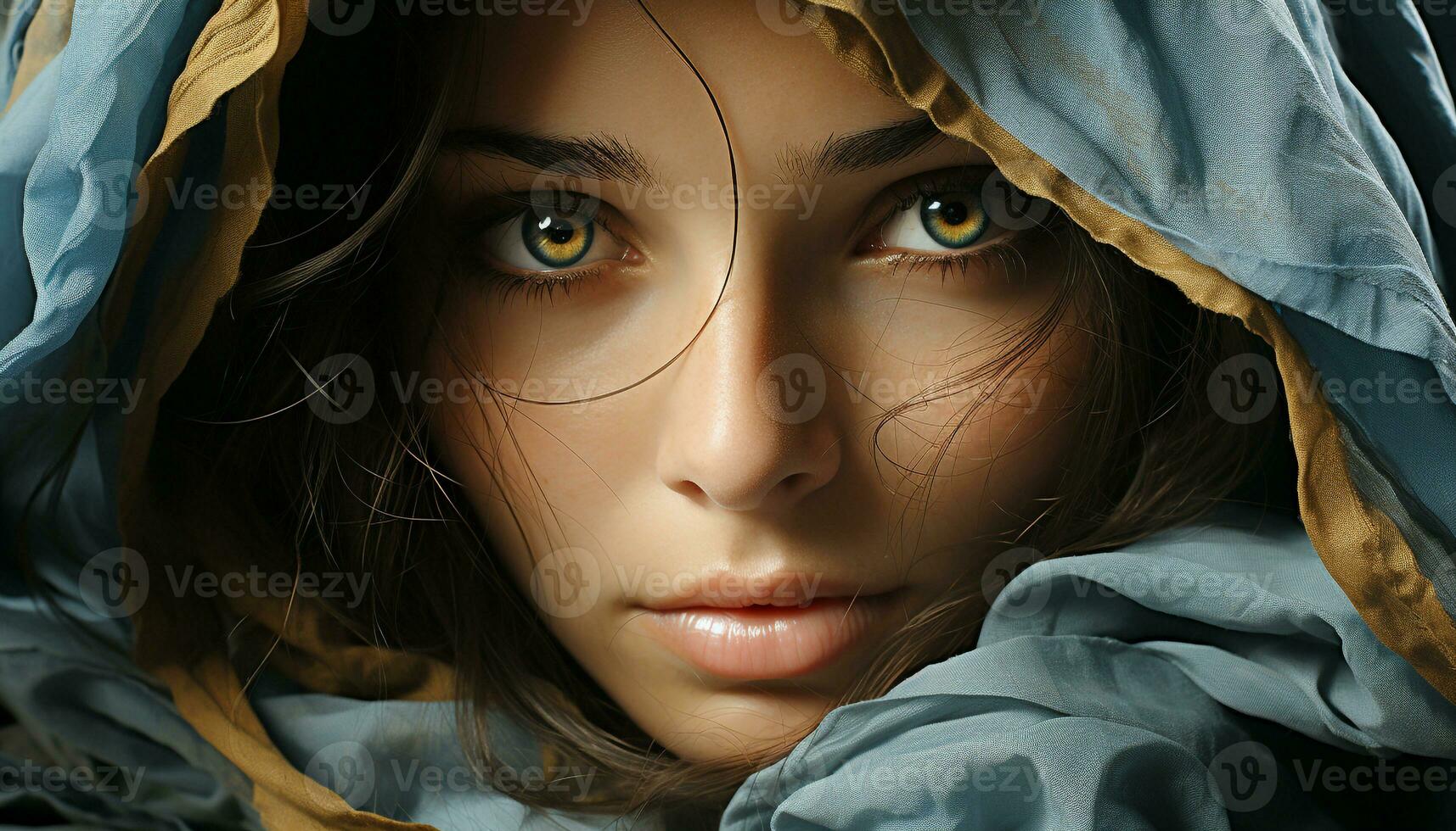 AI generated A beautiful woman with brown hair looking at the camera generated by AI photo