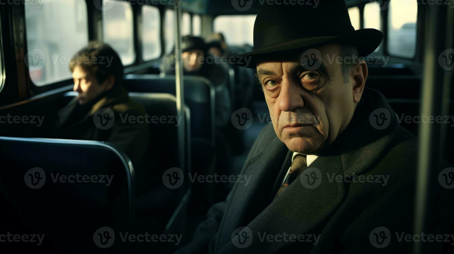 AI generated A well-dressed man wearing a suit and hat sitting comfortably on a bus, engrossed in his own thoughts. photo
