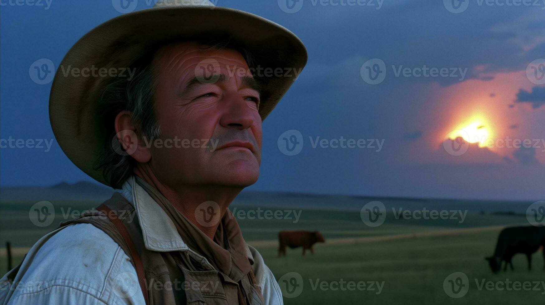 AI generated A shepherd guiding his herd of cows in a green field. Generative AI photo