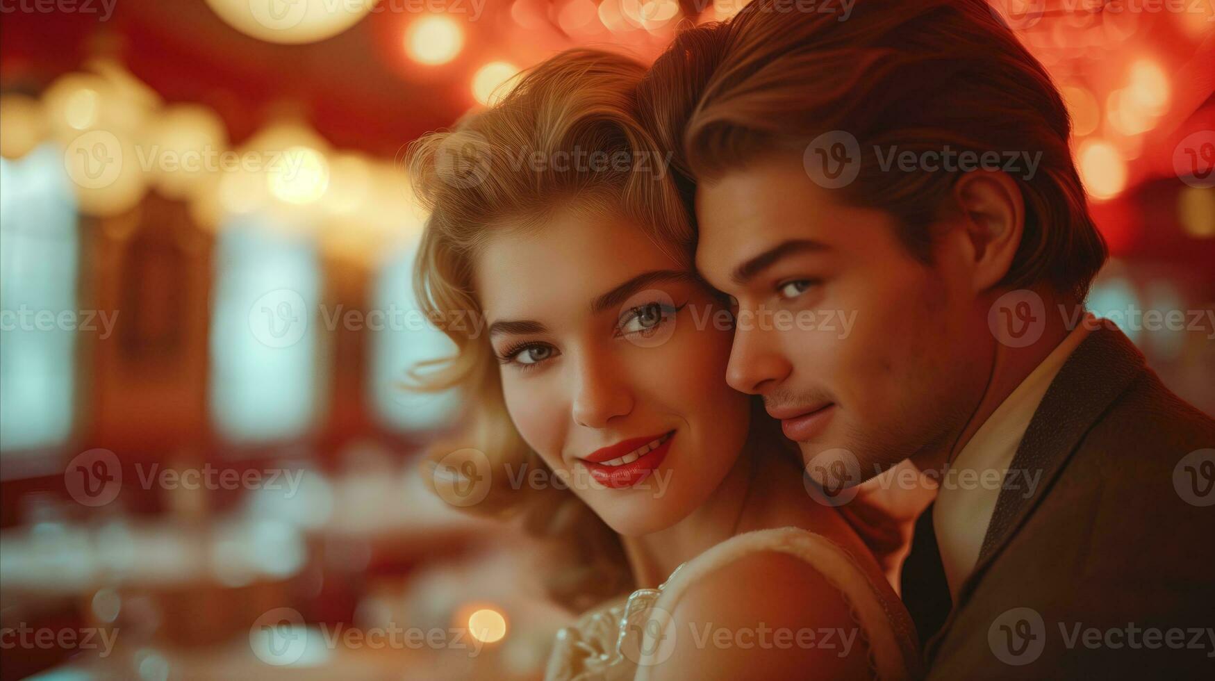 AI generated A couple smiling and posing for a photo in a restaurant, capturing a joyful moment together.