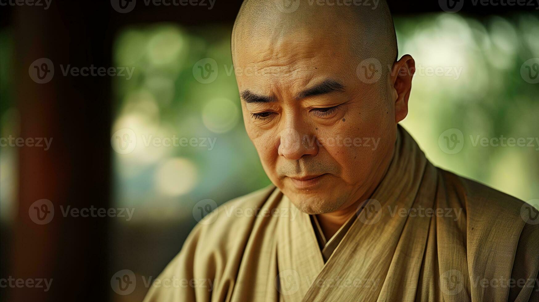 AI generated Serene buddhist monk meditating in traditional robe photo