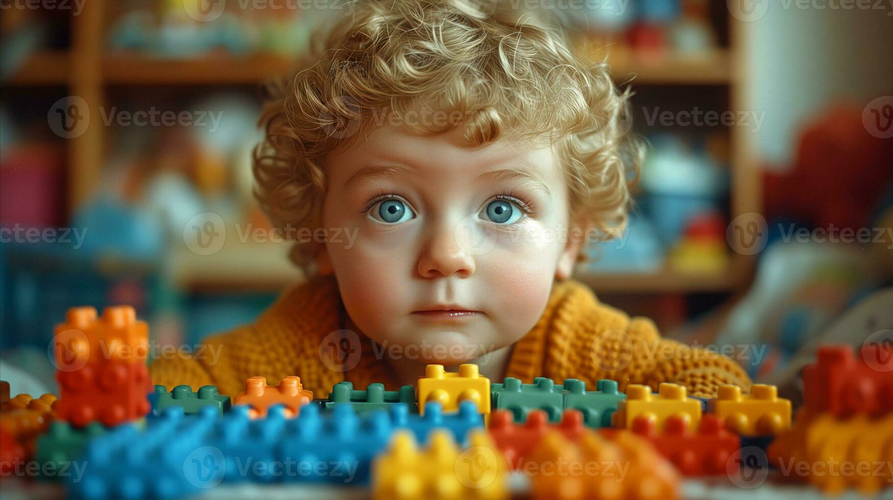 AI generated Curious toddler playing with colorful building blocks indoors photo
