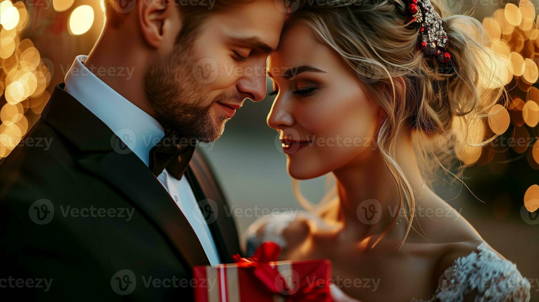 AI generated Romantic couple sharing gift moment in festive evening attire photo