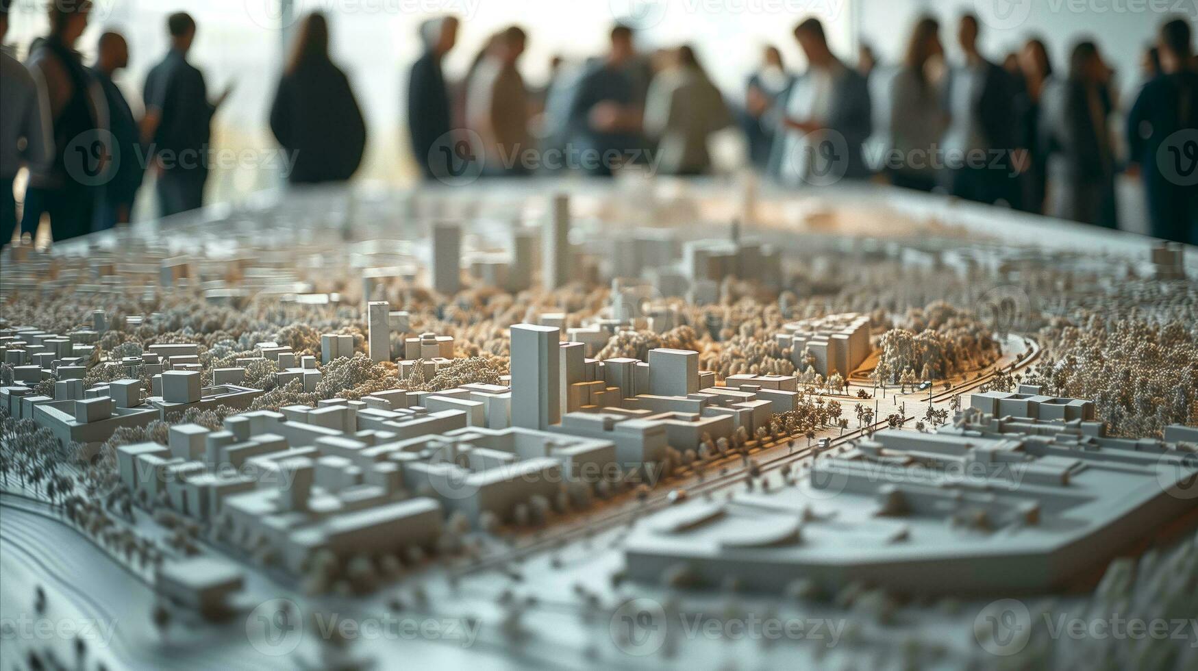 AI generated Detailed model cityscape with people observing in exhibition space photo