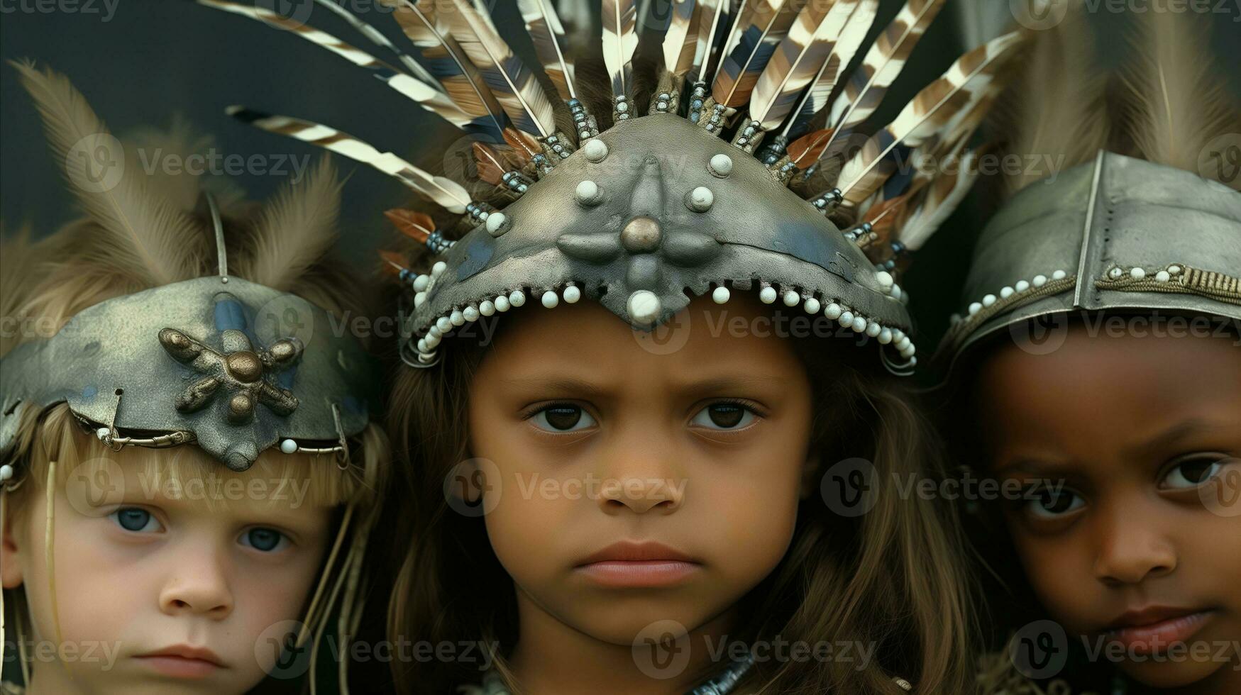 AI generated Three children wearing Native American headdresses, representing cultural diversity and traditional attire. photo