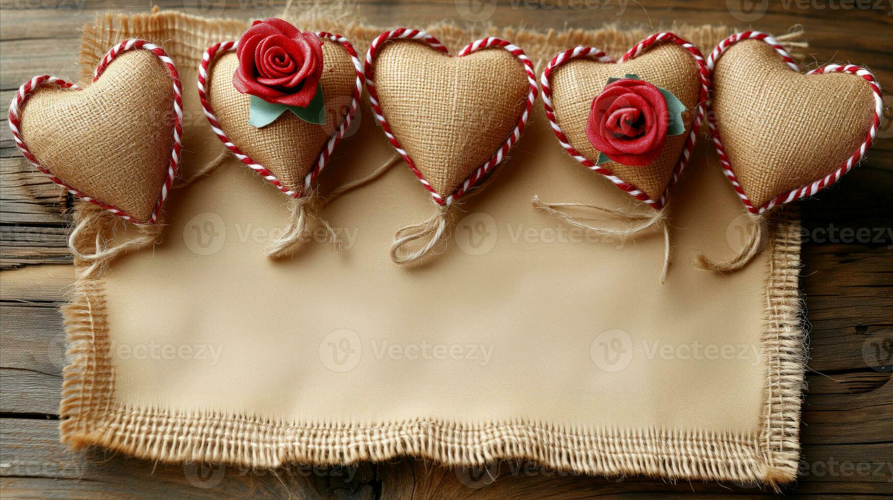 AI generated Hearts filled with burlap and tied with red ribbon on wooden background. photo