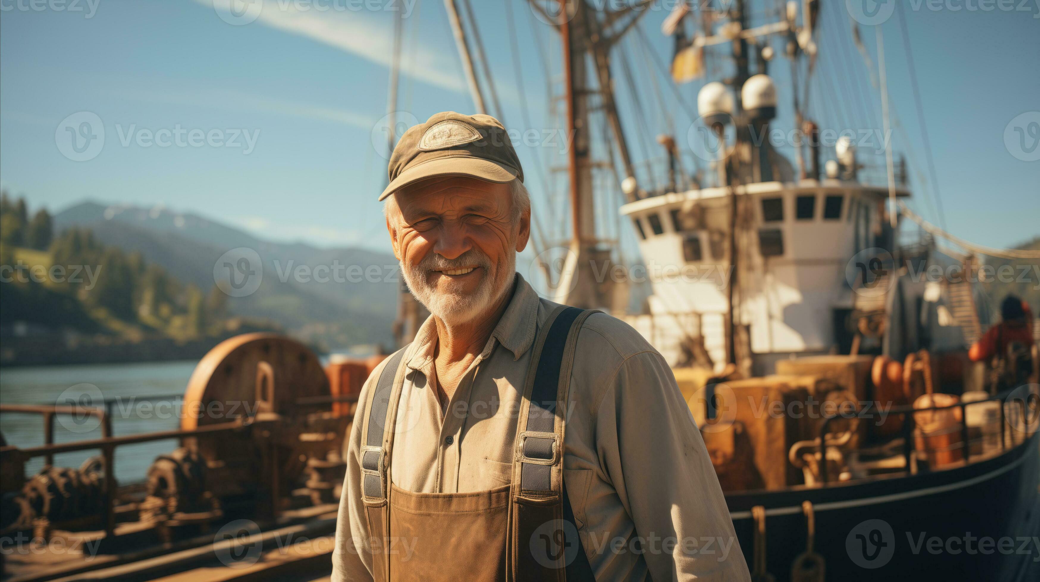 AI generated An old fisherman stands on the pier with a boat in the  background. Generative AI 36775610 Stock Photo at Vecteezy