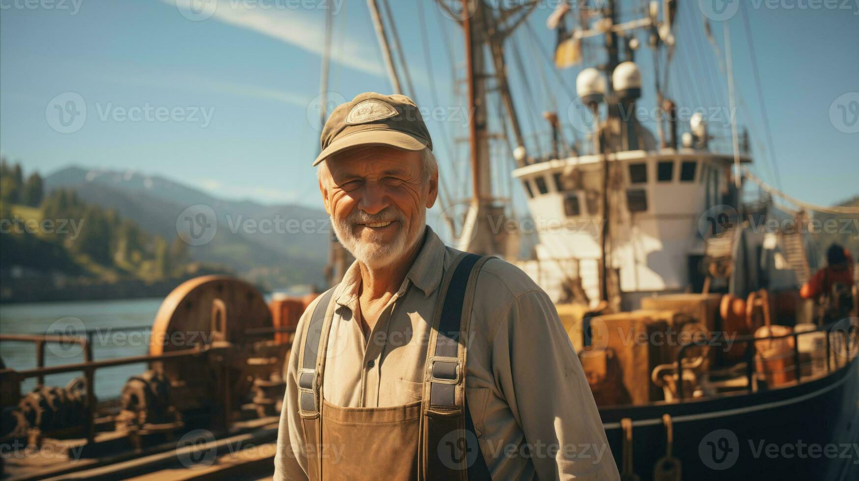 AI generated An old fisherman stands on the pier with a boat in the background. Generative AI photo