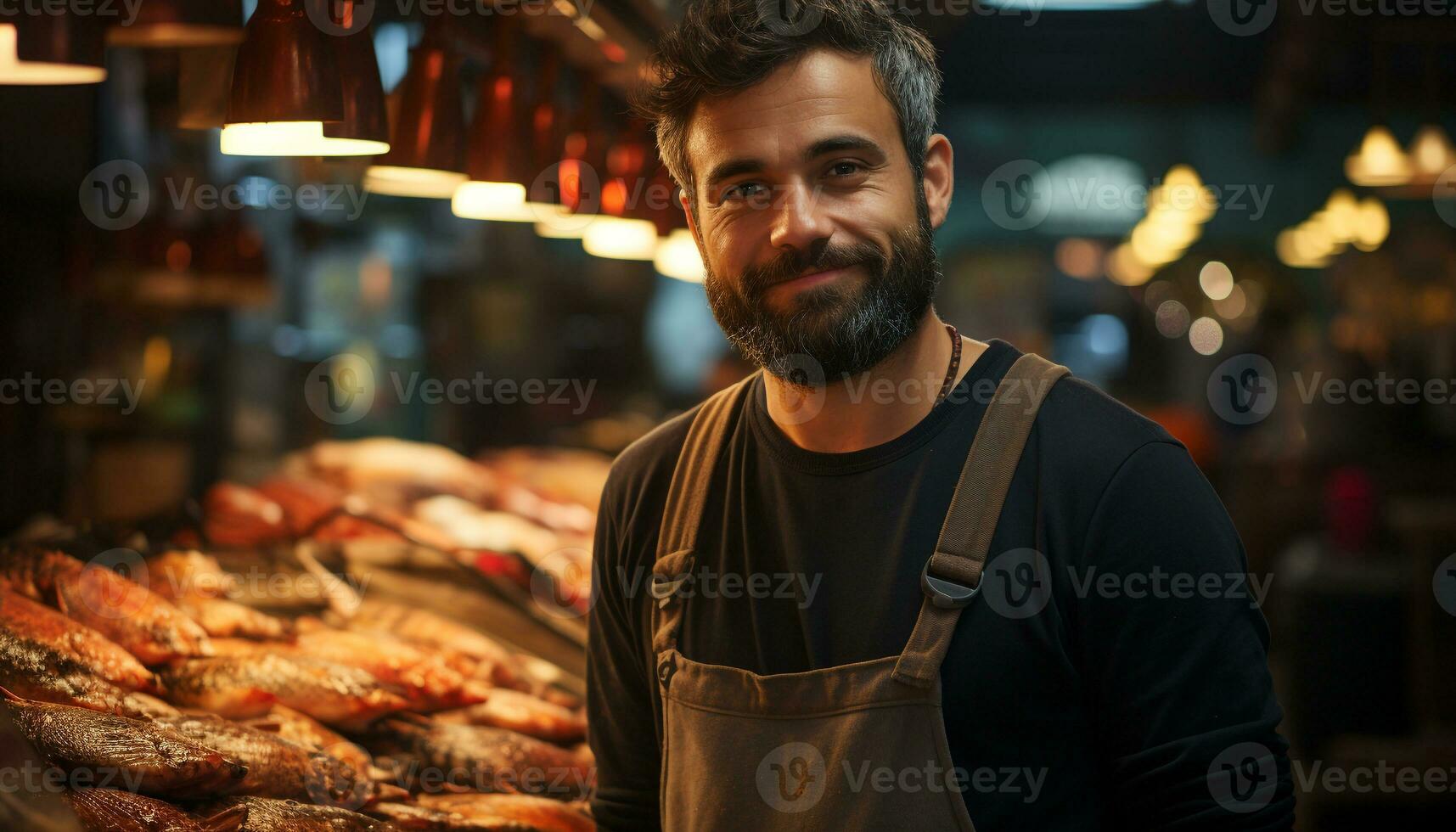 AI generated A confident, smiling man, owner of a food store, working generated by AI photo