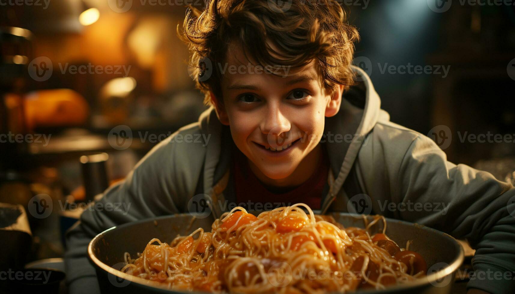 AI generated Smiling Caucasian boy cooking pasta, looking at camera in kitchen generated by AI photo
