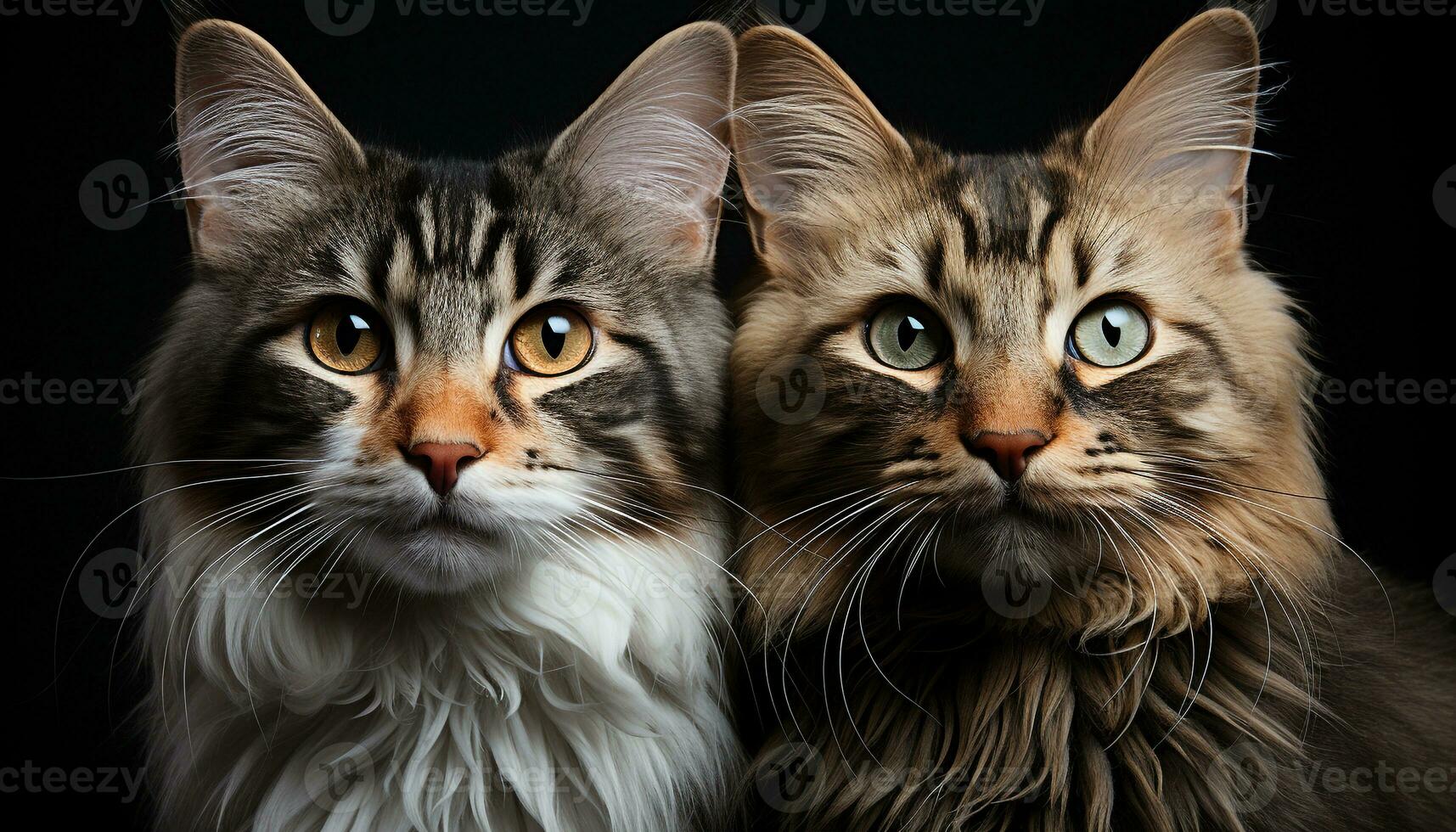 AI generated Cute domestic cat and playful kitten staring at camera, fluffy fur generated by AI photo