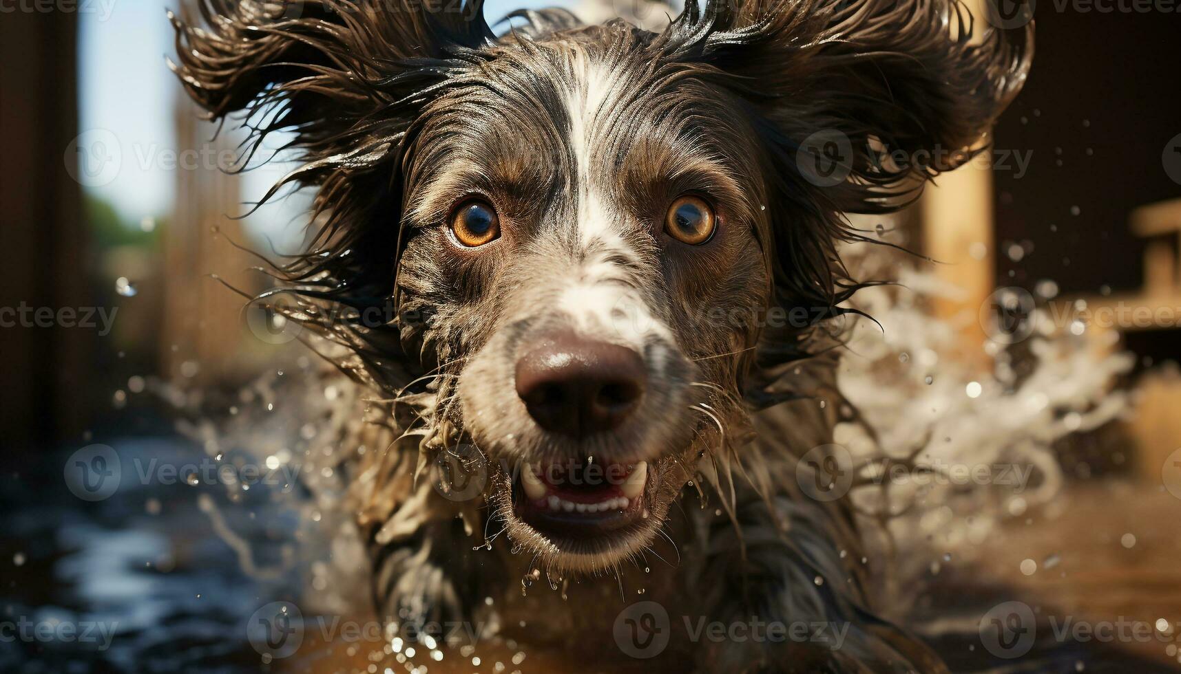 AI generated A wet, cute puppy playing in the rain, looking adorable generated by AI photo