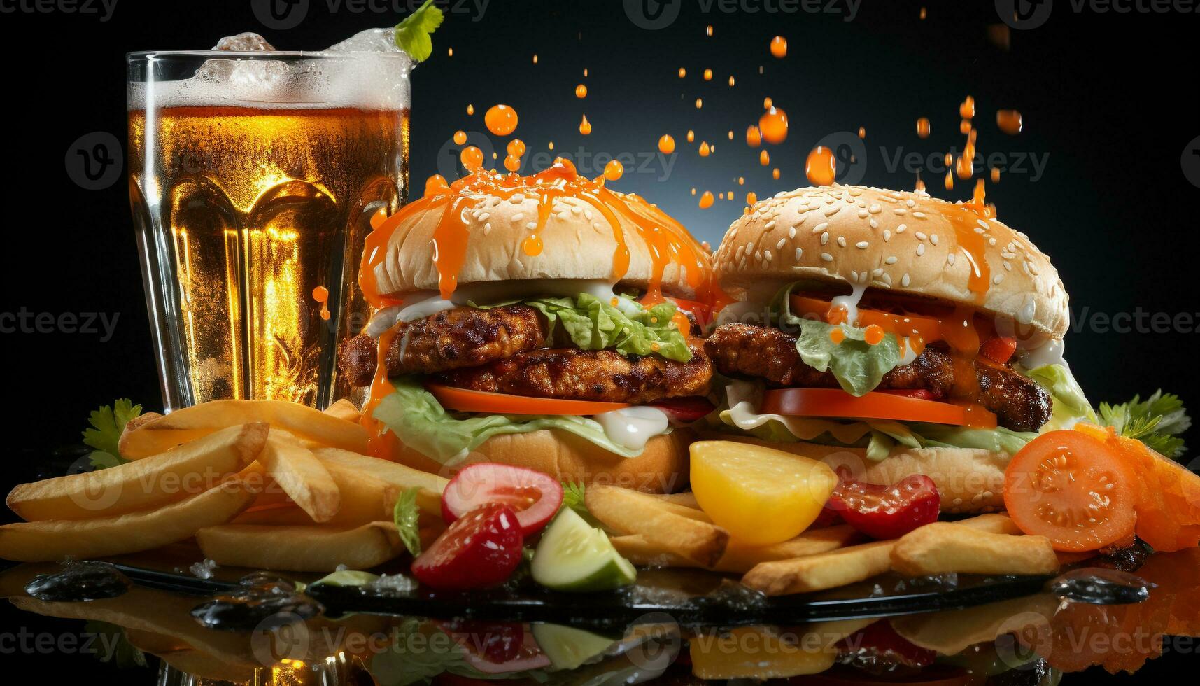 AI generated Grilled burger with cheese, fries, and refreshing cola drink generated by AI photo