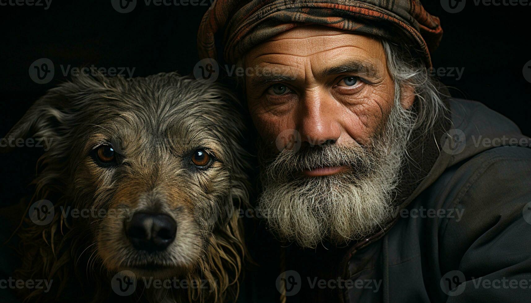 ai generado un sonriente hombre con un barba y gris cabello, mirando a cámara con su perro generado por ai foto