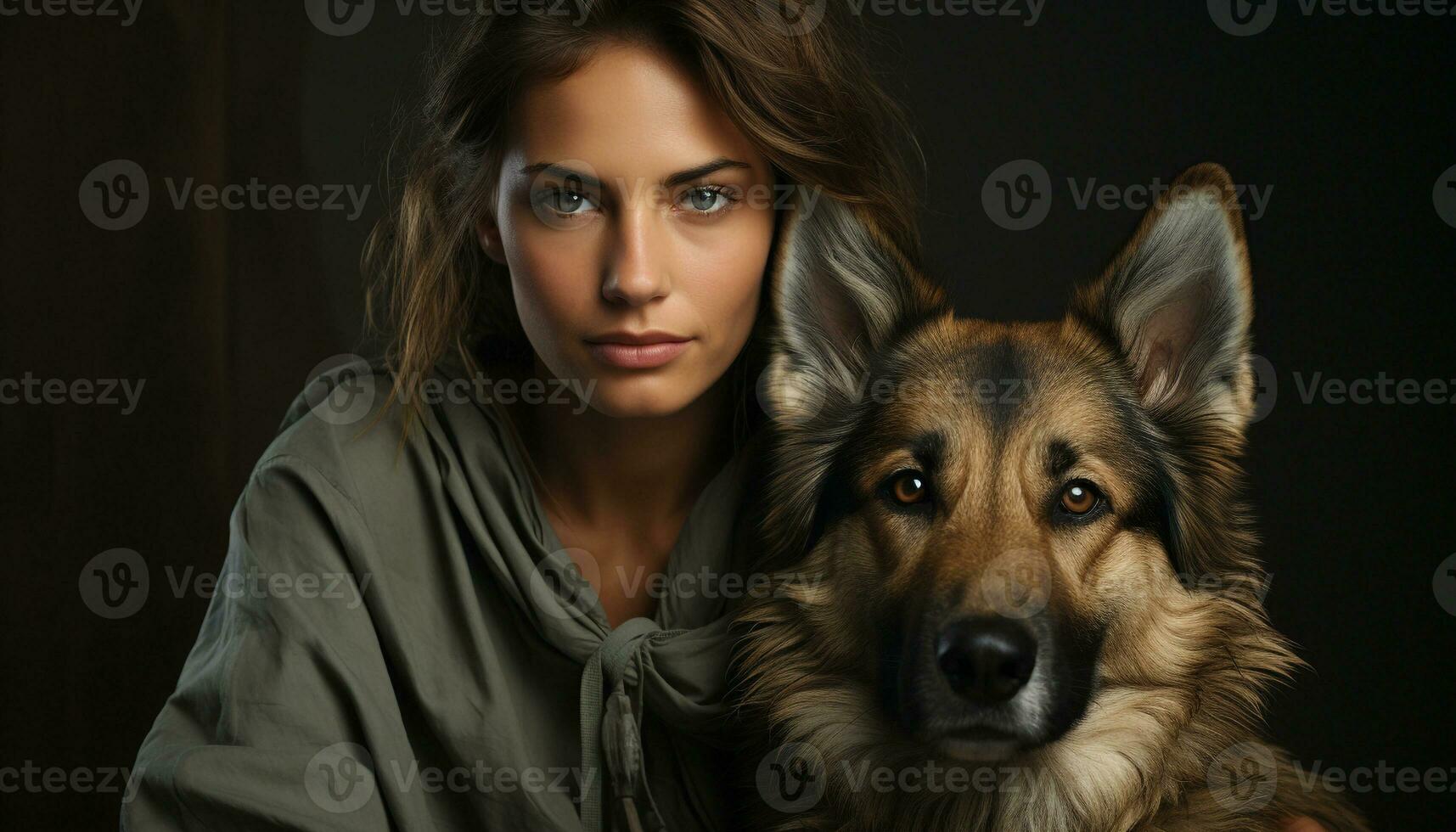 ai generado hermosa mujer con marrón pelo y linda perro, mirando a cámara generado por ai foto