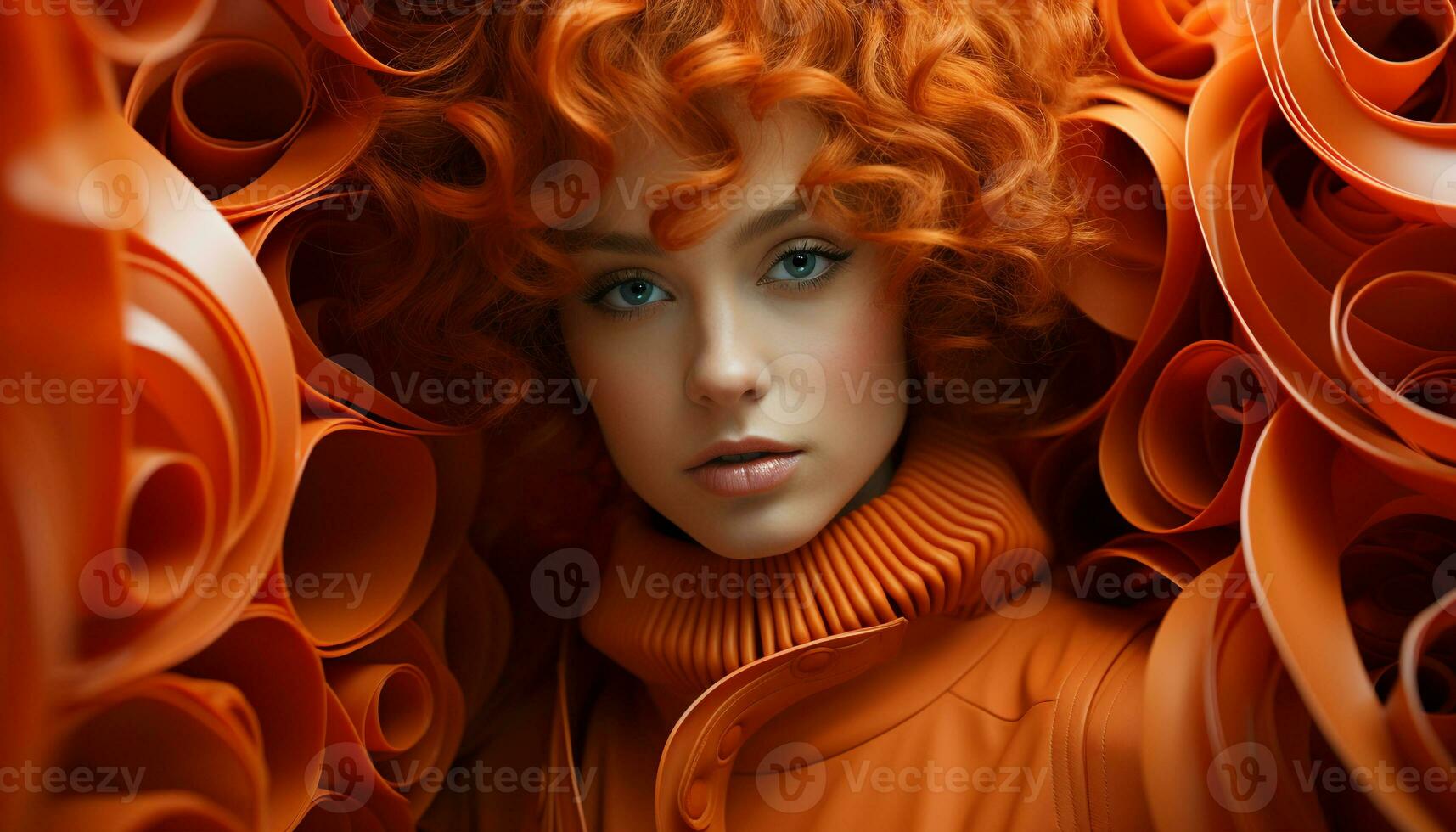 AI generated Beautiful young woman with curly blond hair looking at camera generated by AI photo