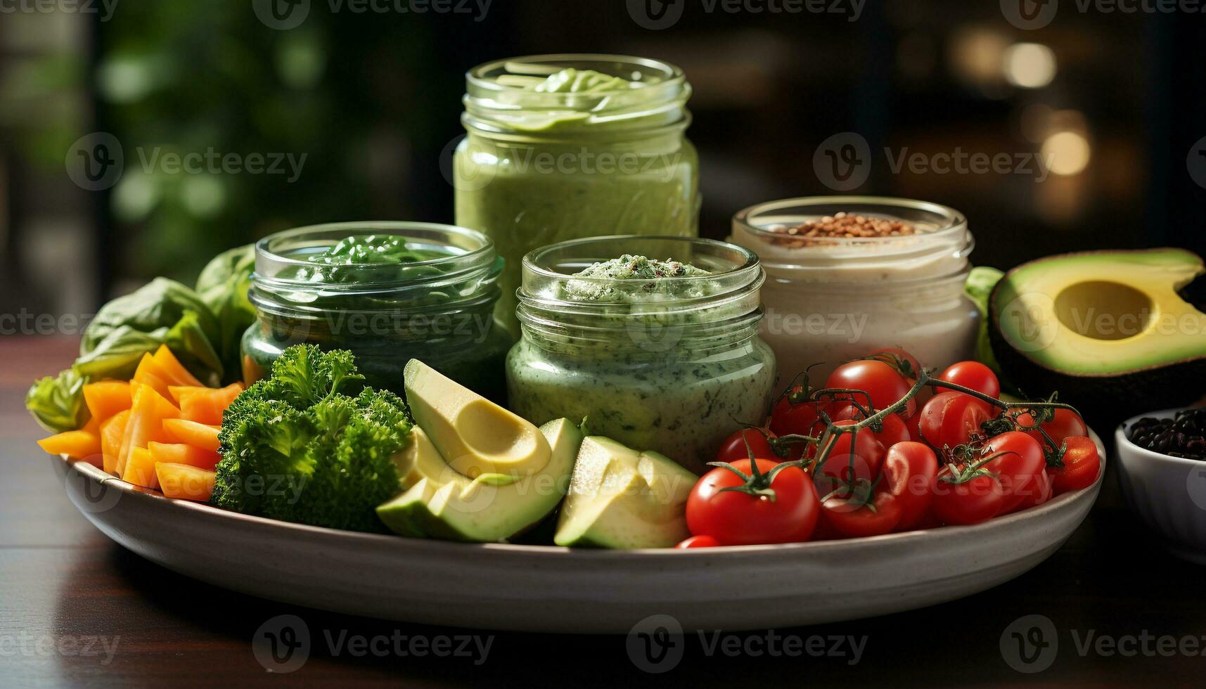 AI generated Freshness and healthy eating on a wooden table, a vegetarian meal generated by AI photo