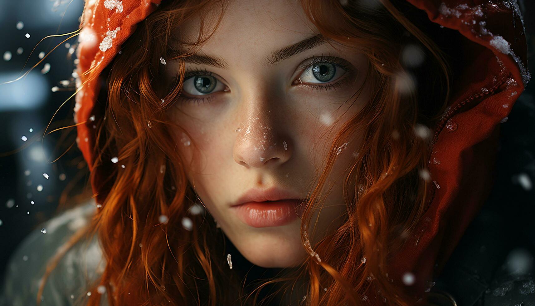AI generated One woman, young and beautiful, smiling in the snow generated by AI photo