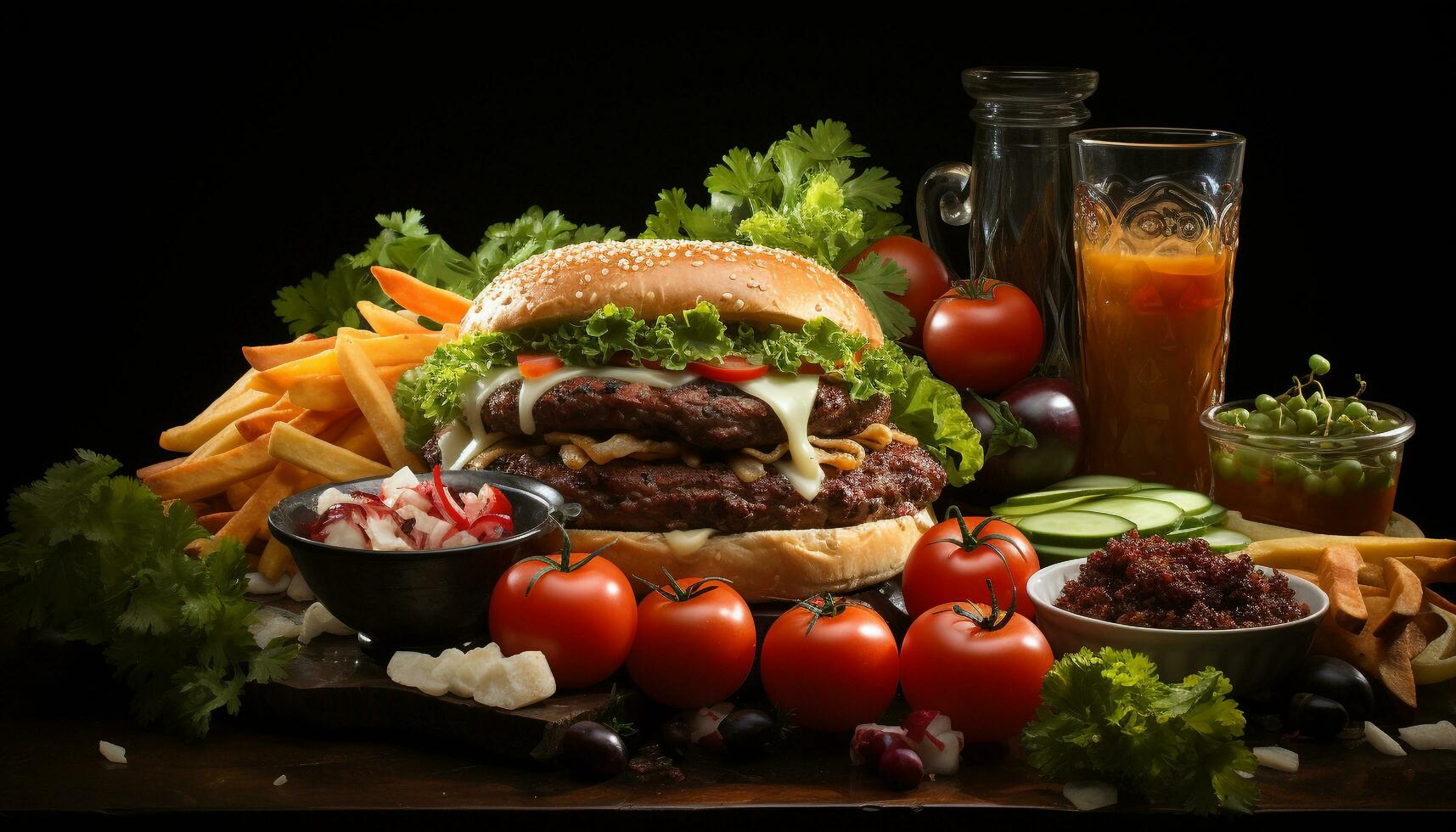 AI generated Grilled beef burger with fries, cheese, and fresh vegetables generated by AI photo