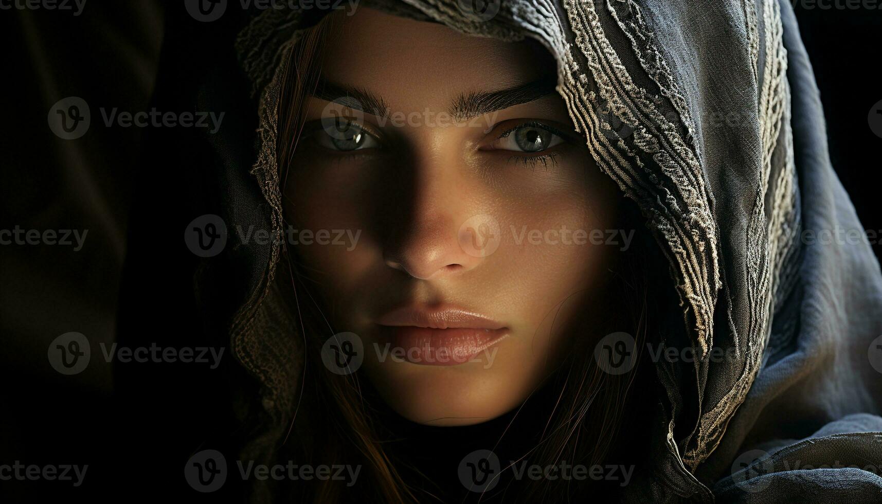 AI generated Beautiful woman in a religious veil, looking at camera, smiling generated by AI photo