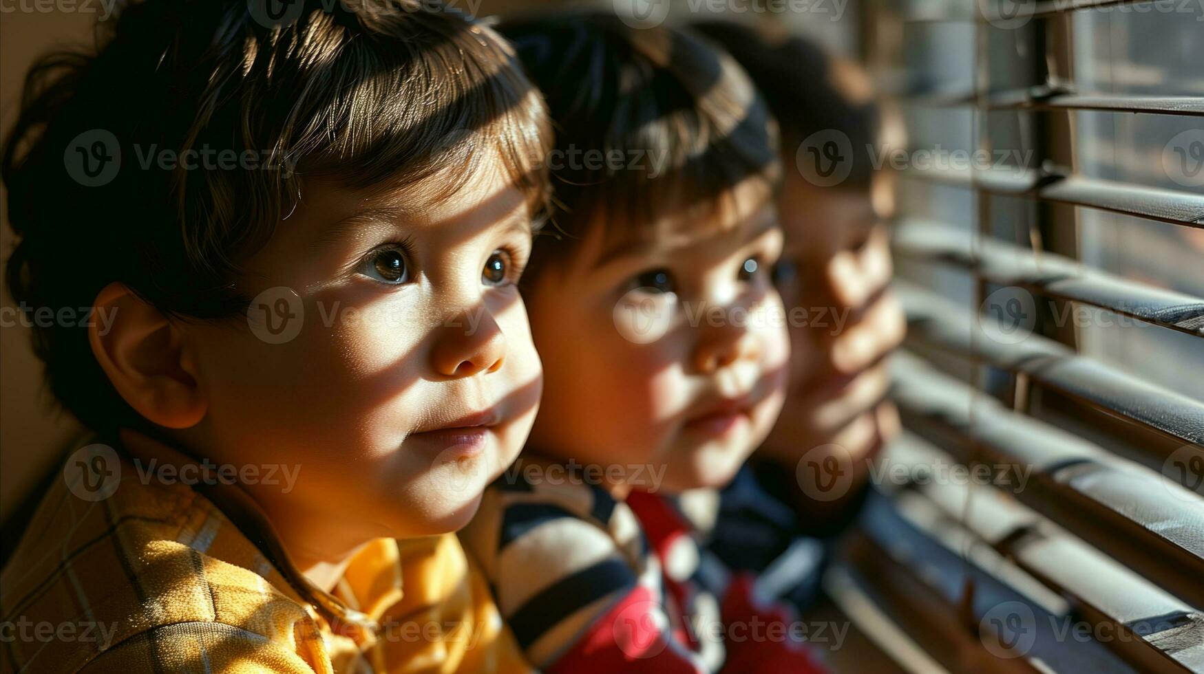 AI generated Three kids are looking out a window. Generative AI photo