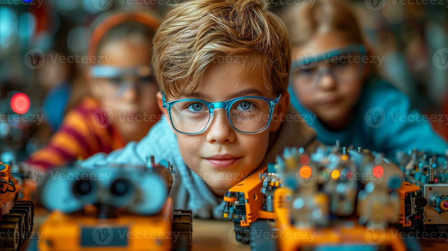AI generated Enthusiastic kids engaged in robotics engineering workshop with robots photo