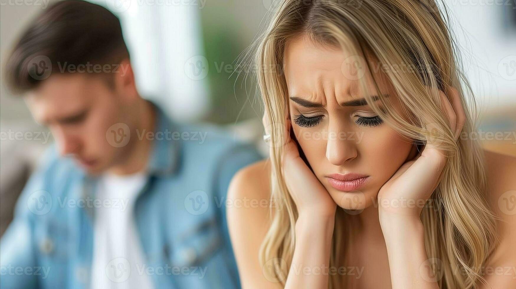AI generated Man and woman arguing on the couch. Generative AI photo