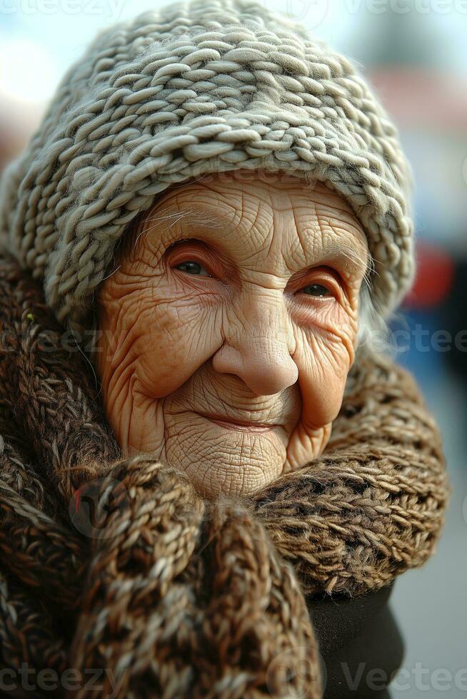AI generated Old woman looking at camera wearing scarf and beret on the street. Generative AI photo