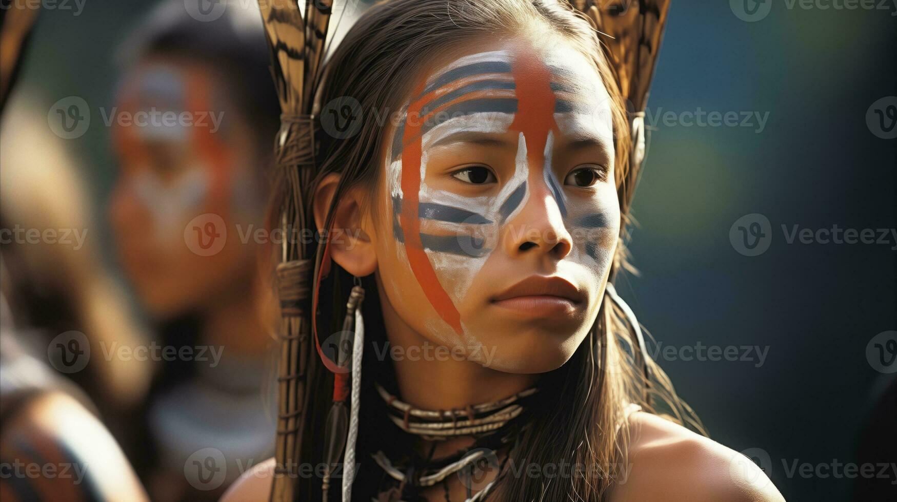 ai generado un joven niña con pintado cara y plumas representando tribal cultura. generativo ai foto